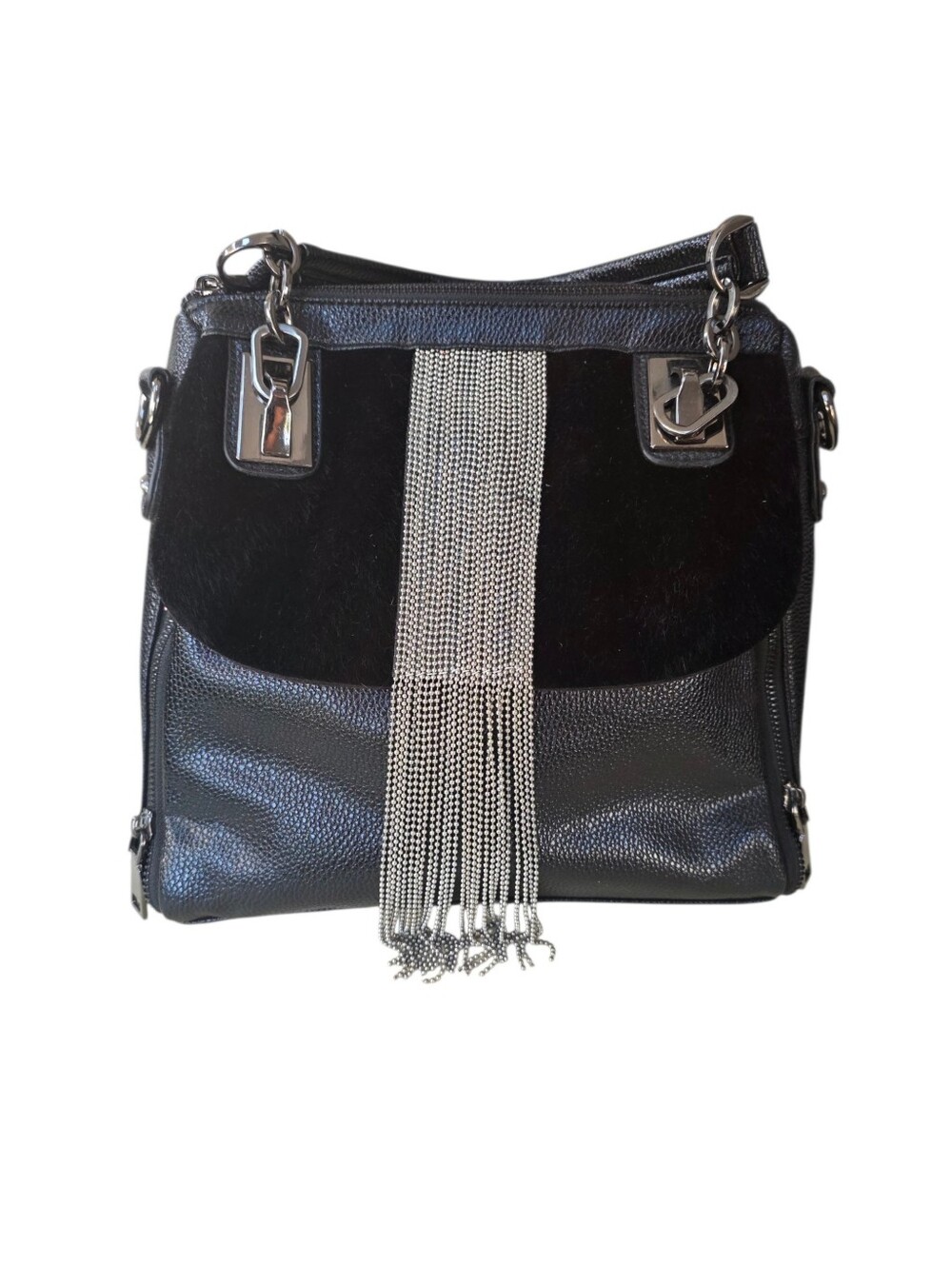Unbranded Black Crossbody & Shoulder Bag | Haircalf Panel | Chain Fringe Accent